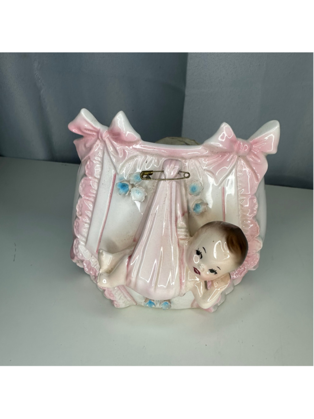 Vintage Ceramic Pink Baby Diaper Sling Wall Pocket Planter Rubens Japan 4921 - Picture 5 of 8